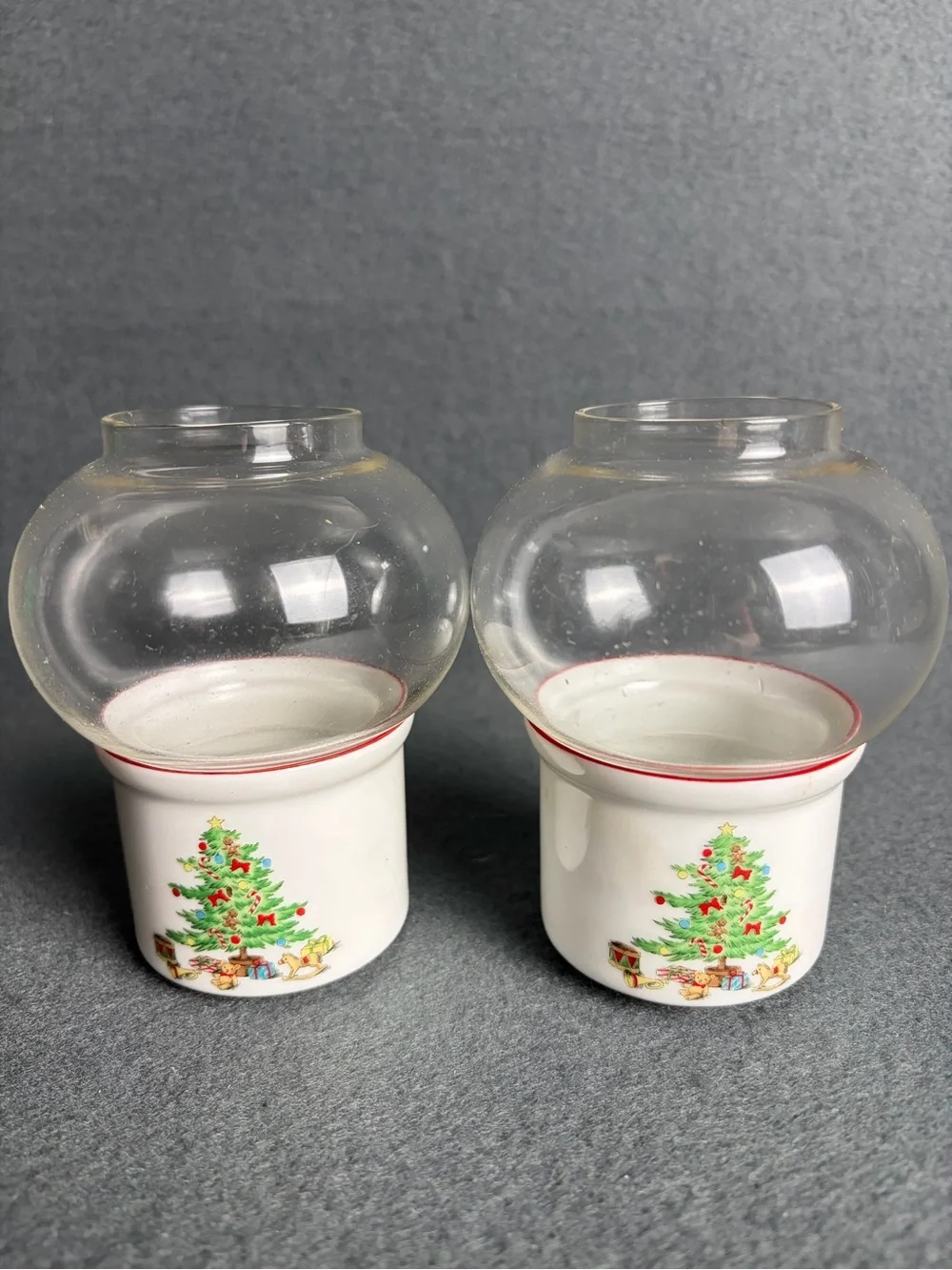 Vintage Mini Porcelain Christmas Hurricane Lamp, Tea Light Holder Holly & Tree